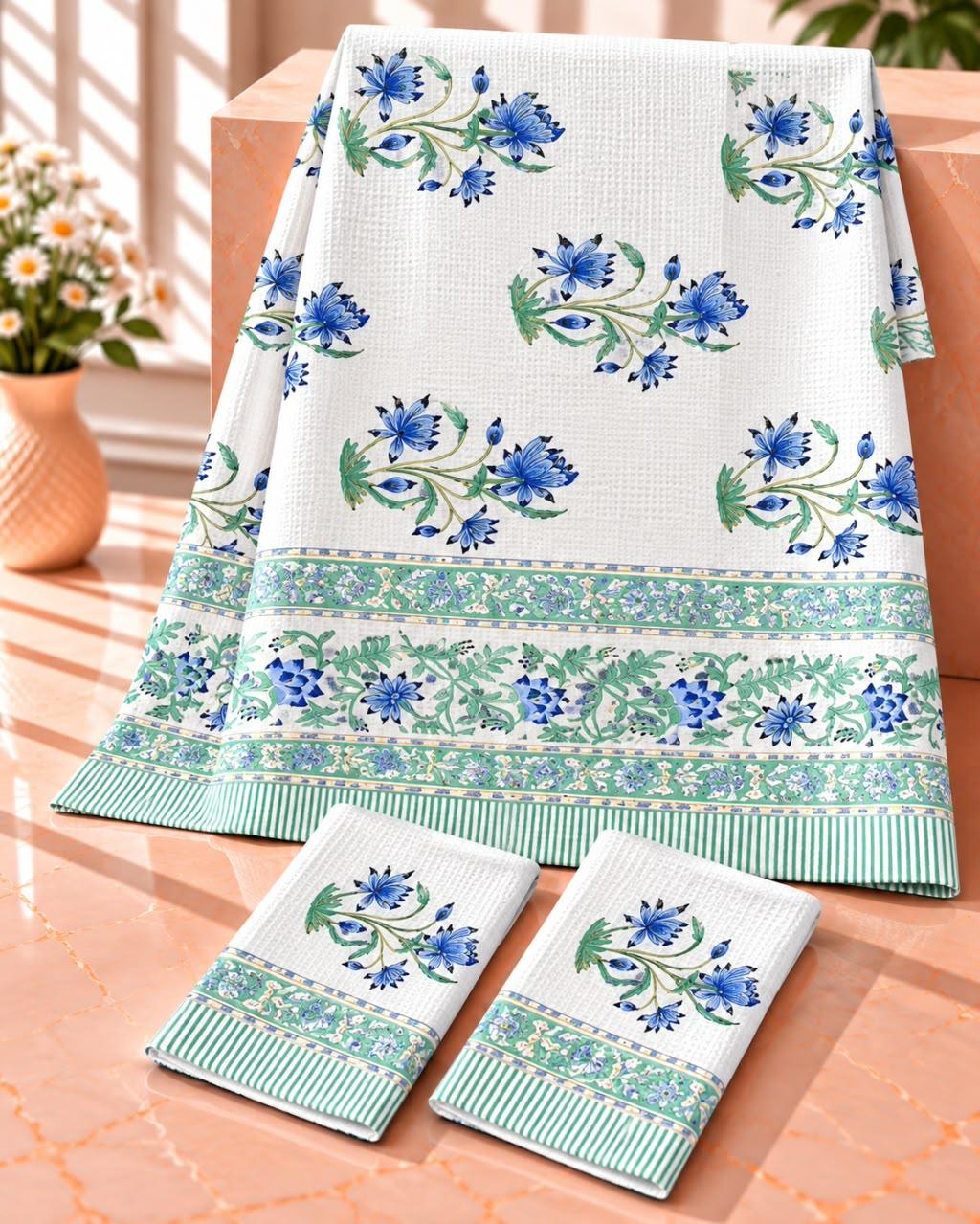 Pure cotton waffled textured hand-block printed bath combos (1 bath and 2 hand towels)
