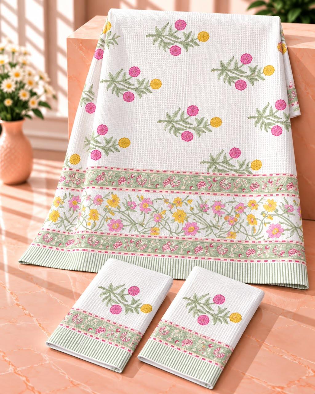 Pure cotton waffled textured hand-block printed bath combos (1 bath and 2 hand towels)