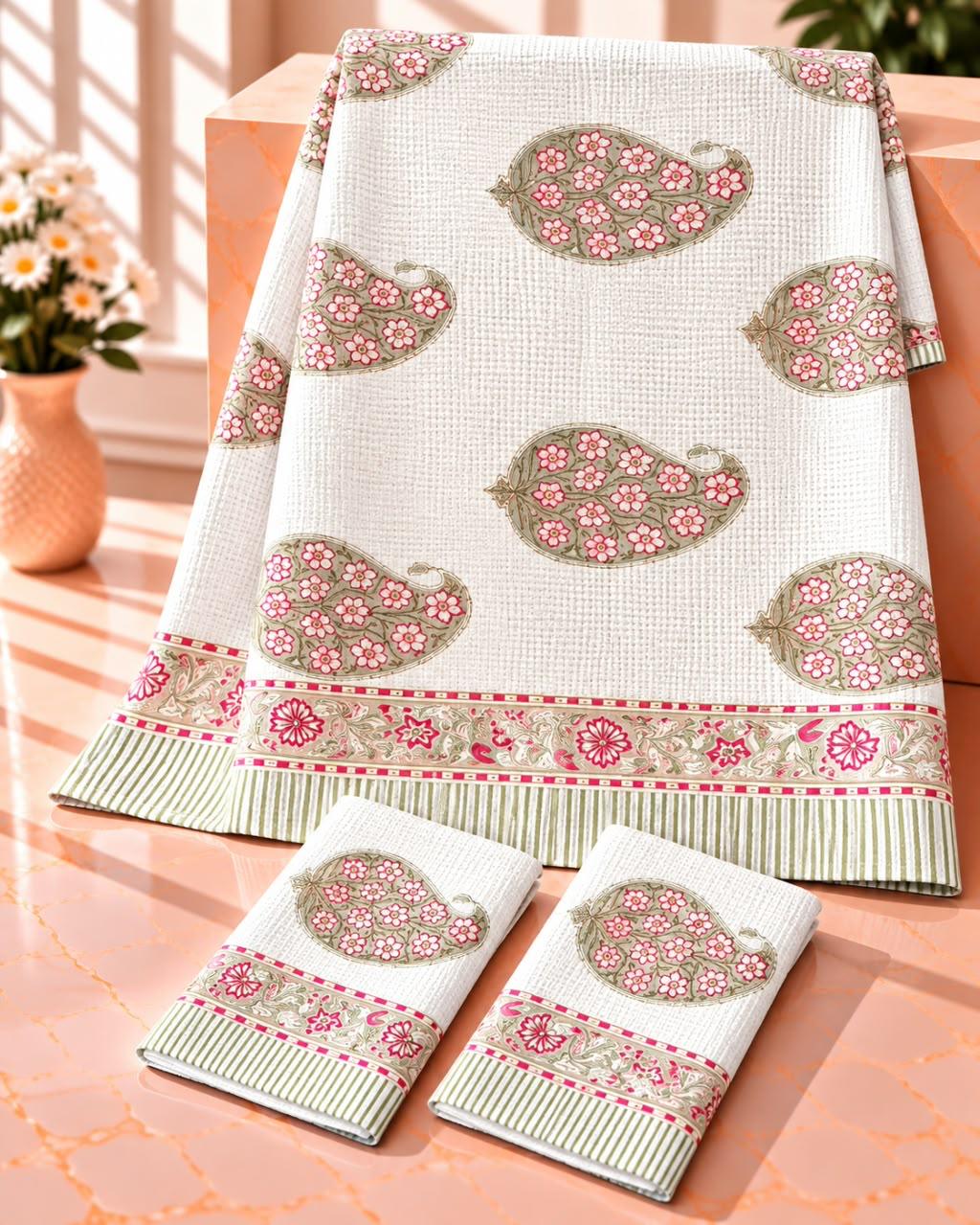 Pure cotton waffled textured hand-block printed bath combos (1 bath and 2 hand towels)