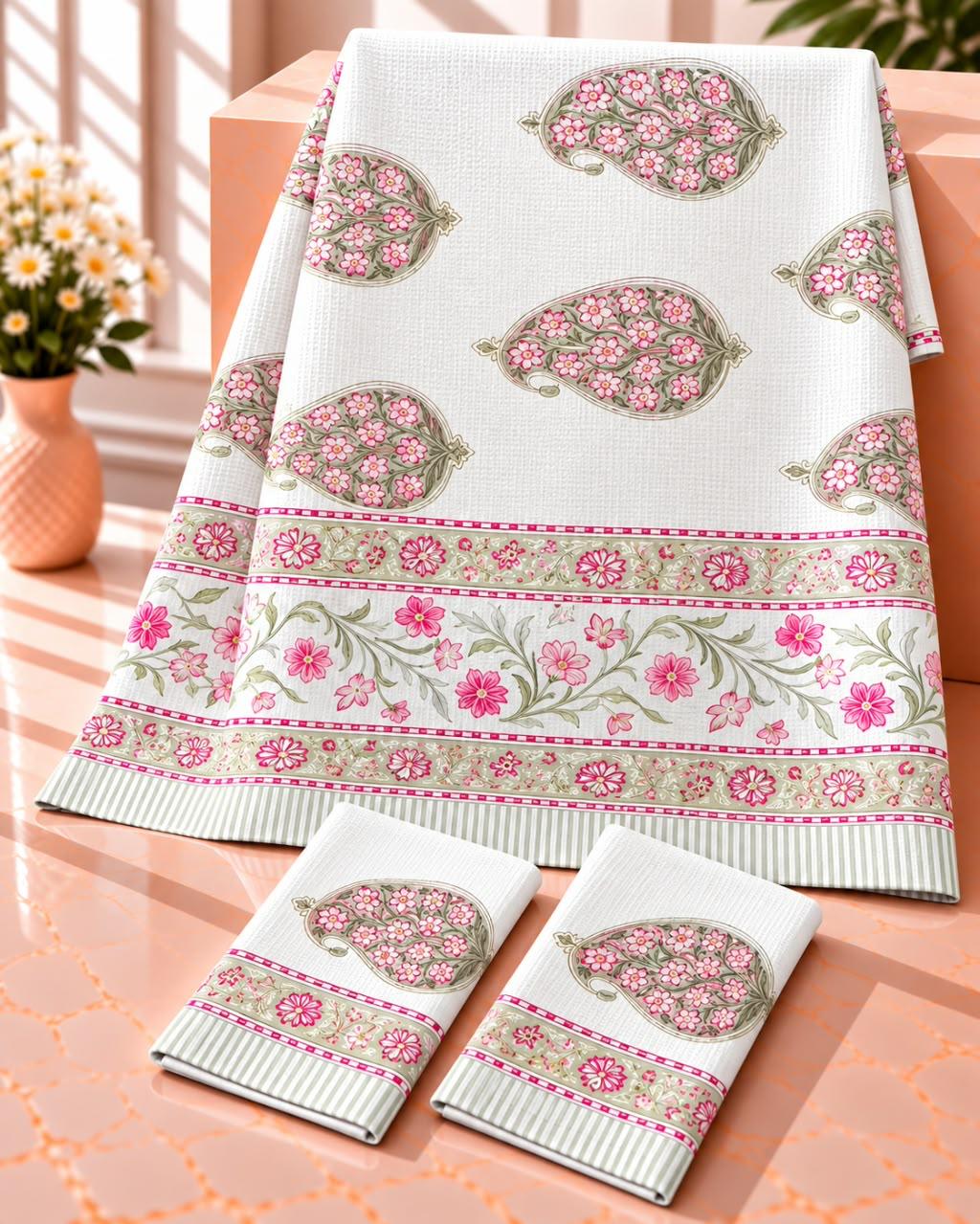 Pure cotton waffled textured hand-block printed bath combos (1 bath and 2 hand towels)