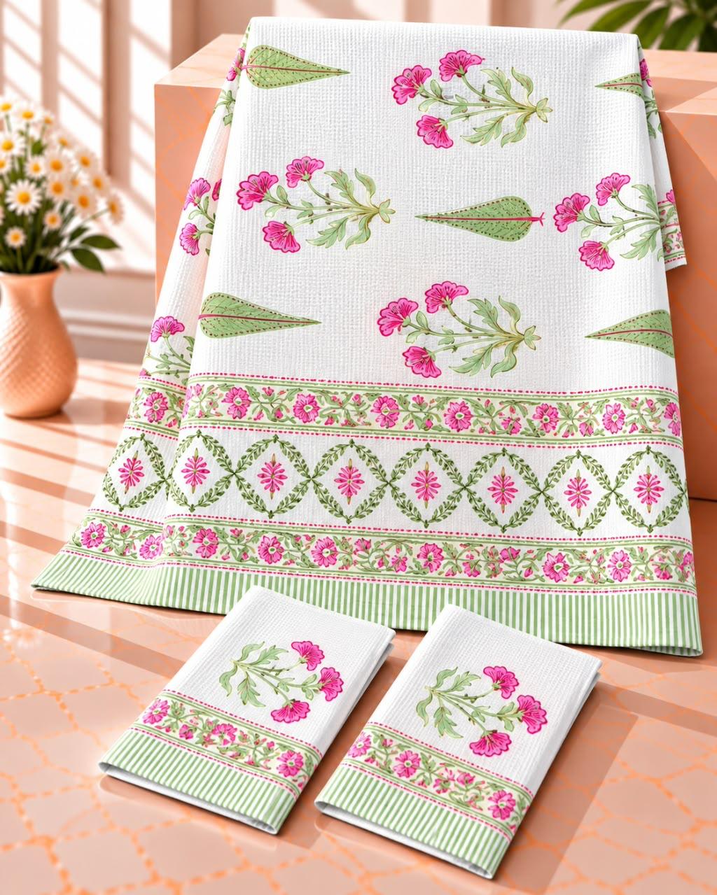 Pure cotton waffled textured hand-block printed bath combos (1 bath and 2 hand towels)