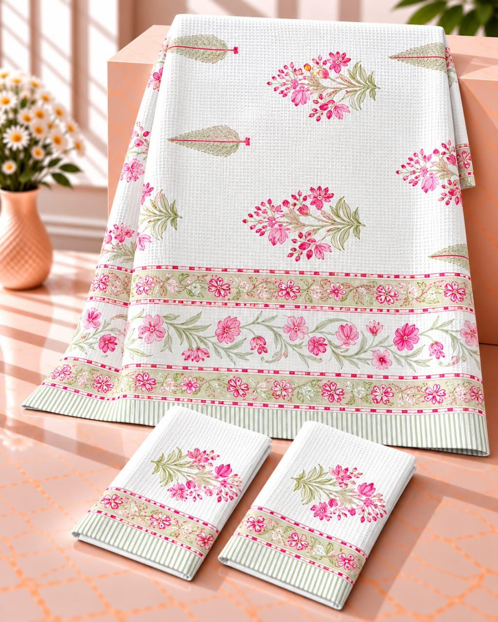 Pure cotton waffled textured hand-block printed bath combos (1 bath and 2 hand towels)