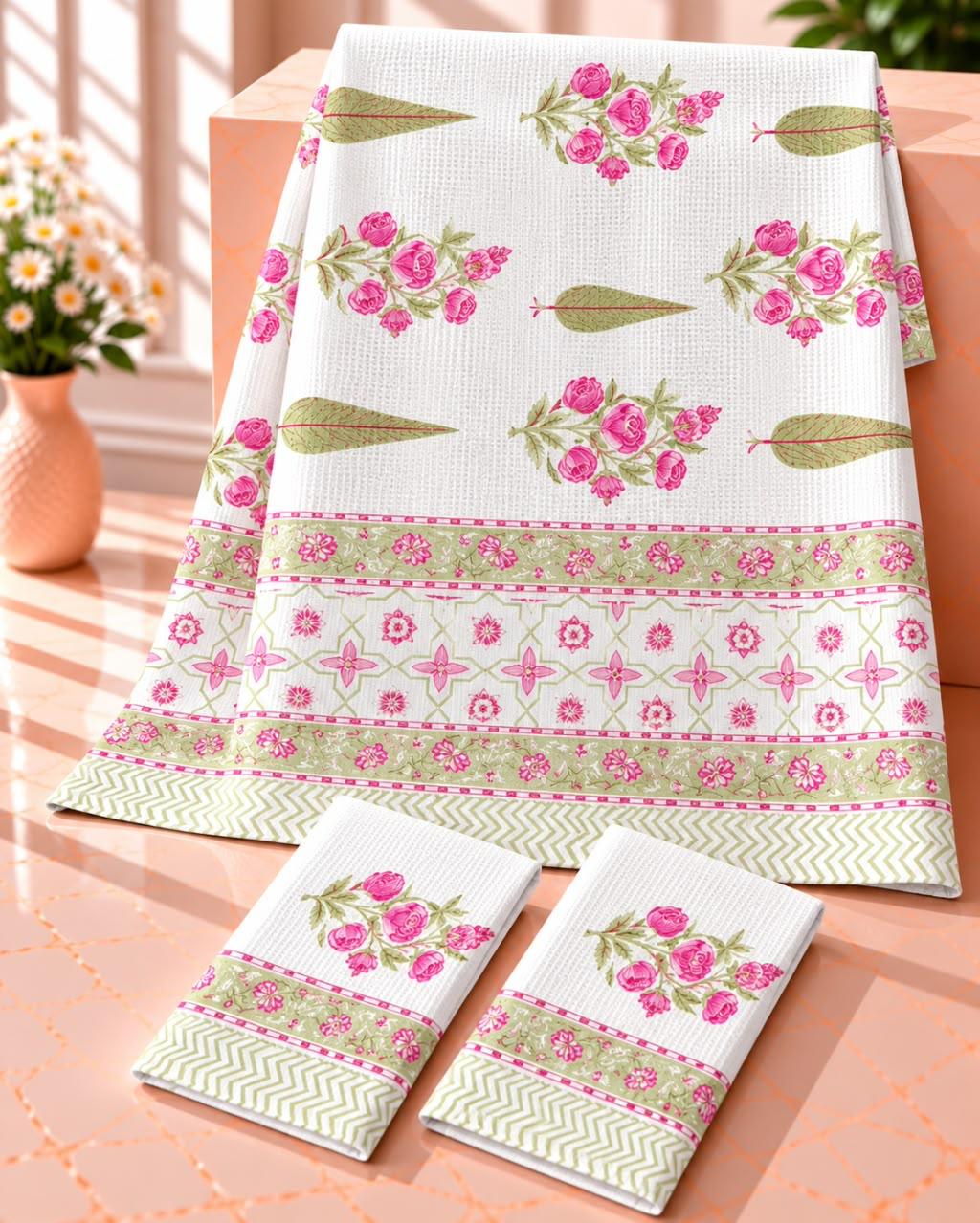 Pure cotton waffled textured hand-block printed bath combos (1 bath and 2 hand towels)