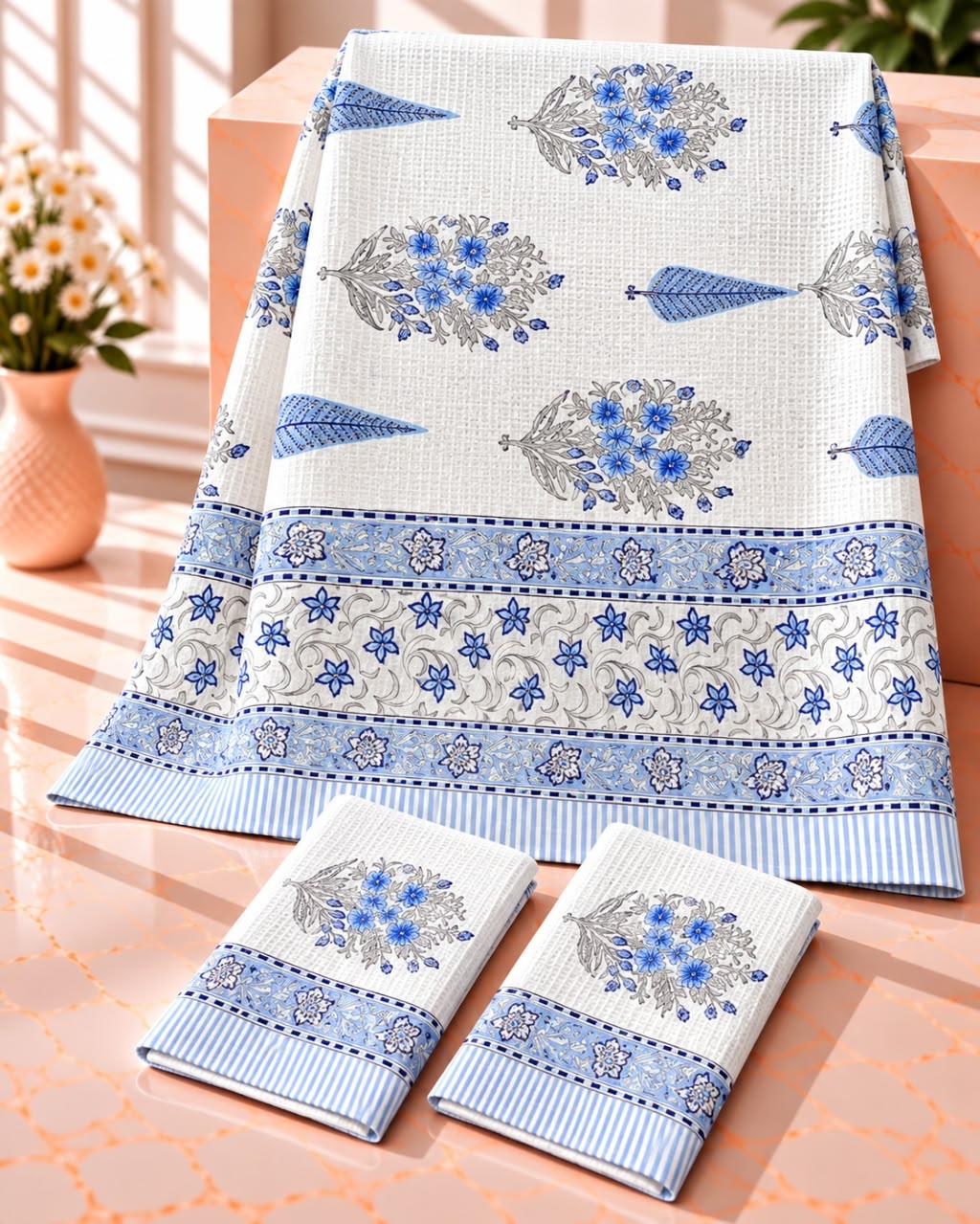 Pure cotton waffled textured hand-block printed bath combos (1 bath and 2 hand towels)