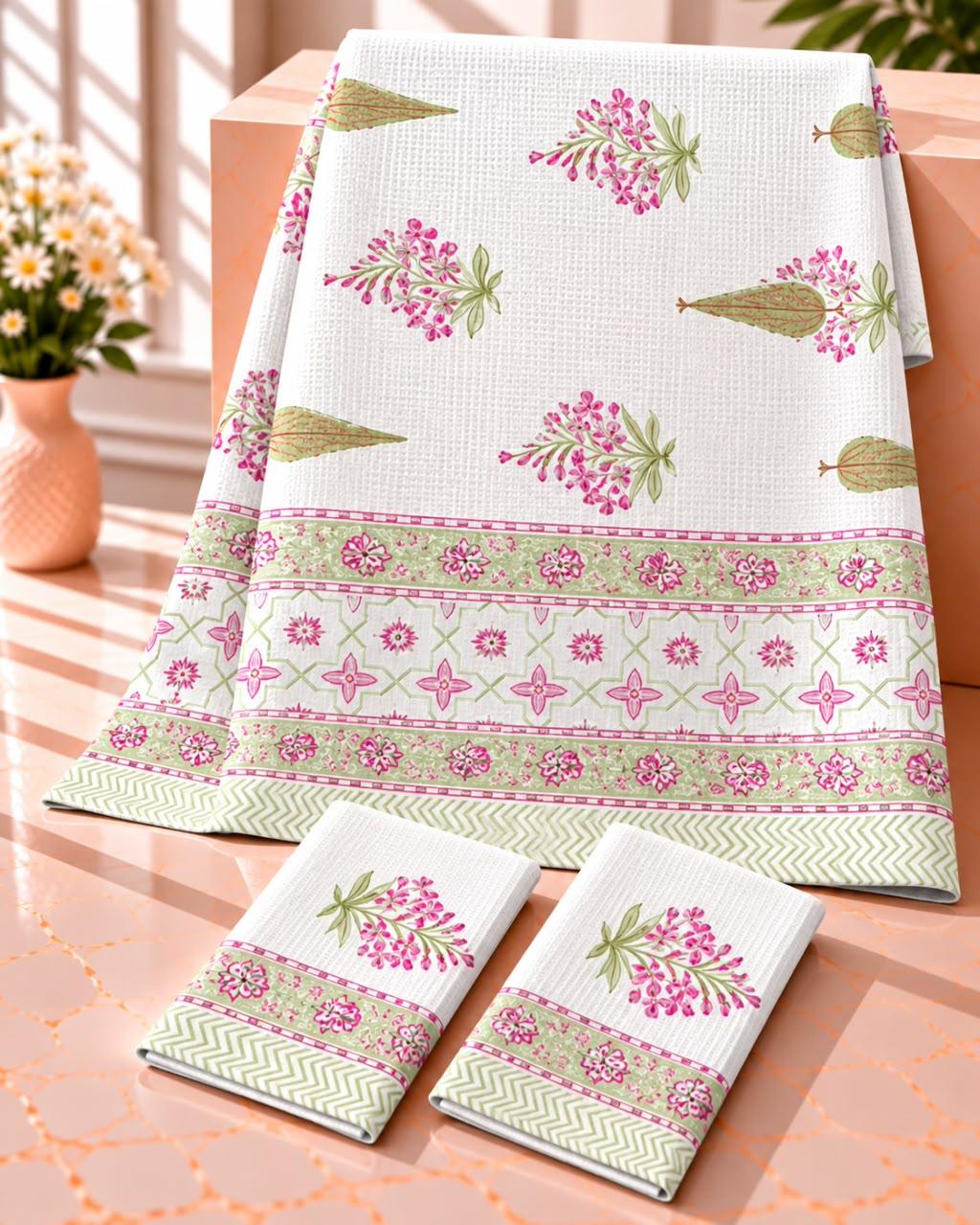 Pure cotton waffled textured hand-block printed bath combos (1 bath and 2 hand towels)