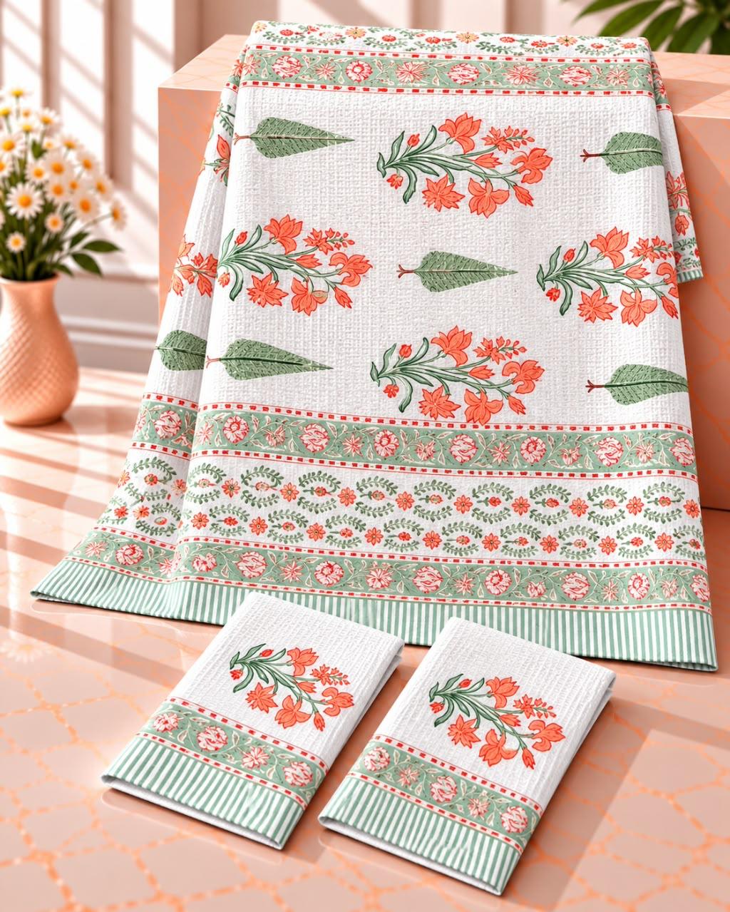 Pure cotton waffled textured hand-block printed bath combos (1 bath and 2 hand towels)