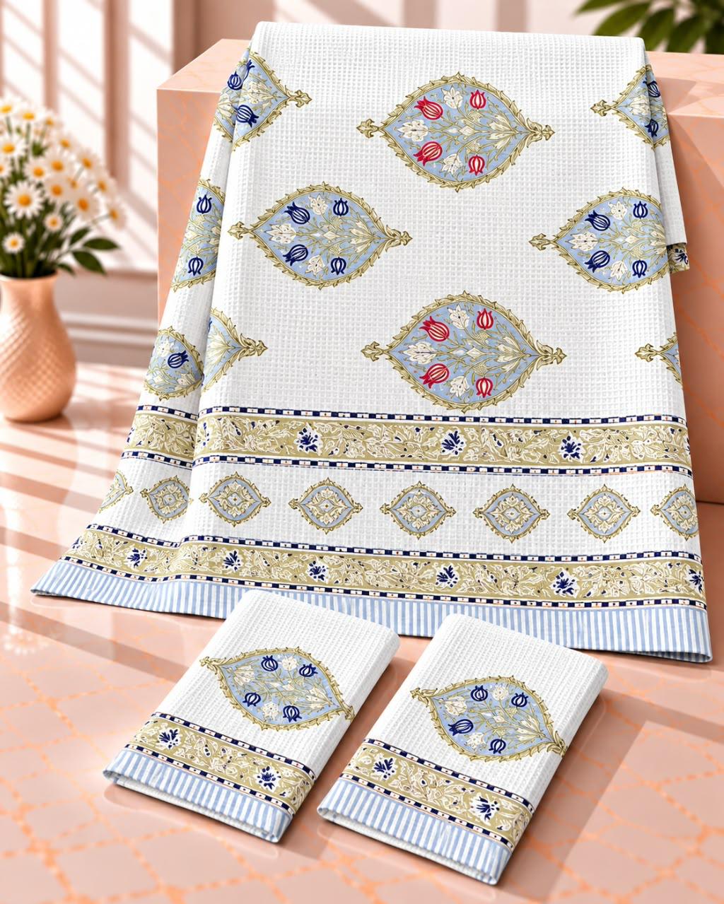 Pure cotton waffled textured hand-block printed bath combos (1 bath and 2 hand towels)