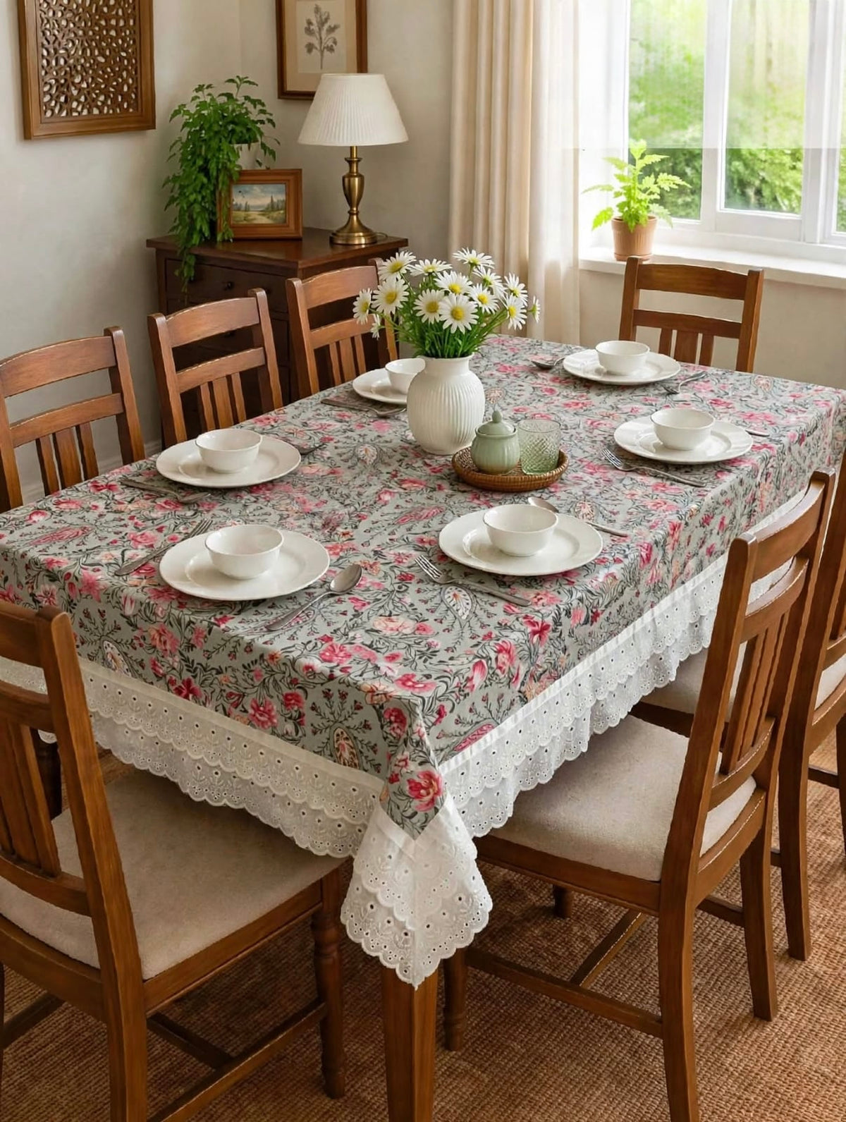 Pure cotton laced table covers for 4, 6 and 8 seater dining tables