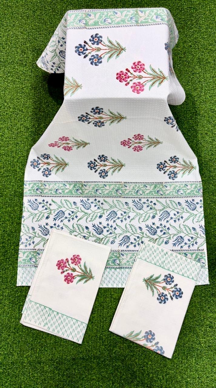 Pure cotton waffled textured hand-block printed bath combos (1 bath and 2 hand towels)