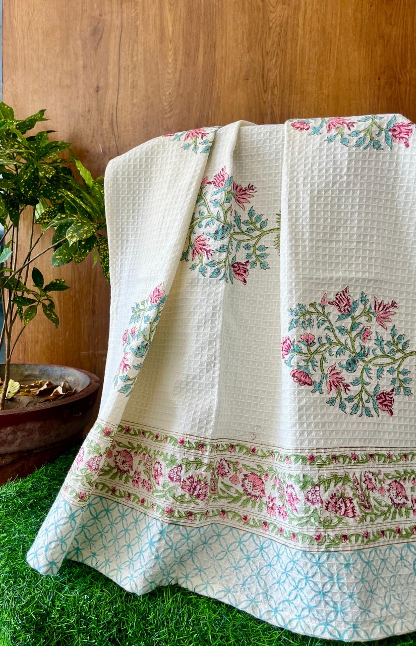 Pure cotton, hand-block printed waffle textured luxury bath towel