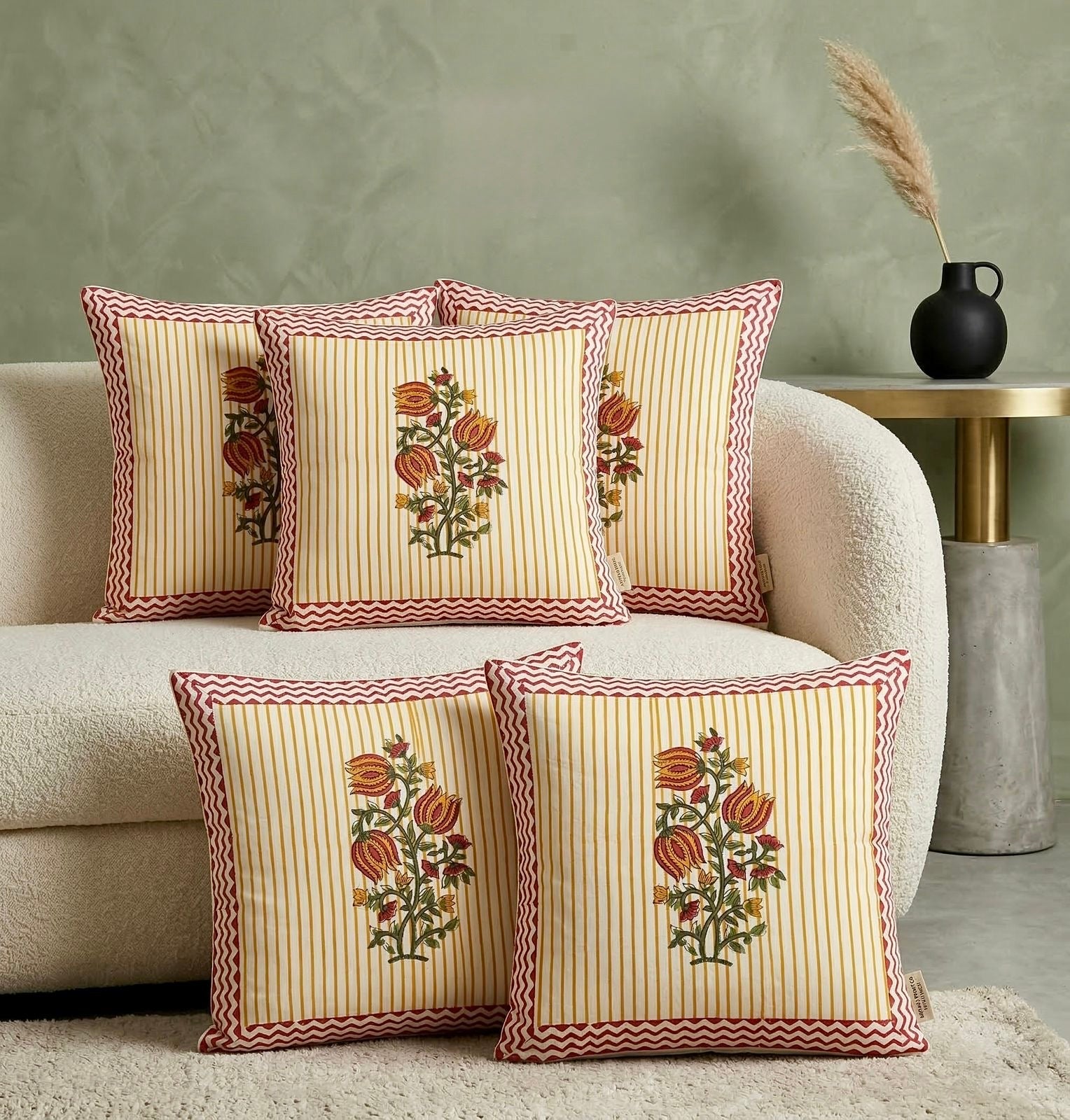 Pure cotton hand-block printed set of 5 cushion covers (16x16 inches)