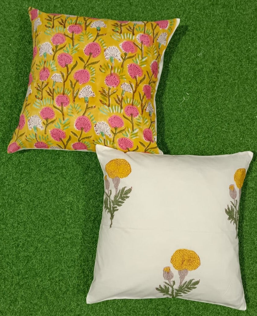 Pure cotton handblock printed set of 2 assorted cushion covers (16x16 inches)