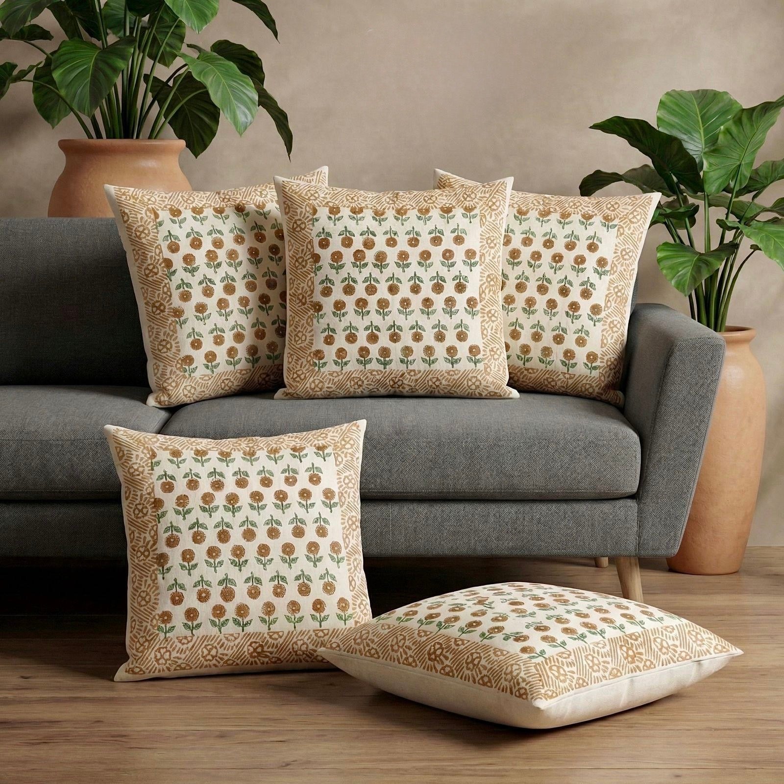 Pure cotton hand-block printed set of 5 cushion covers (16x16 inches)
