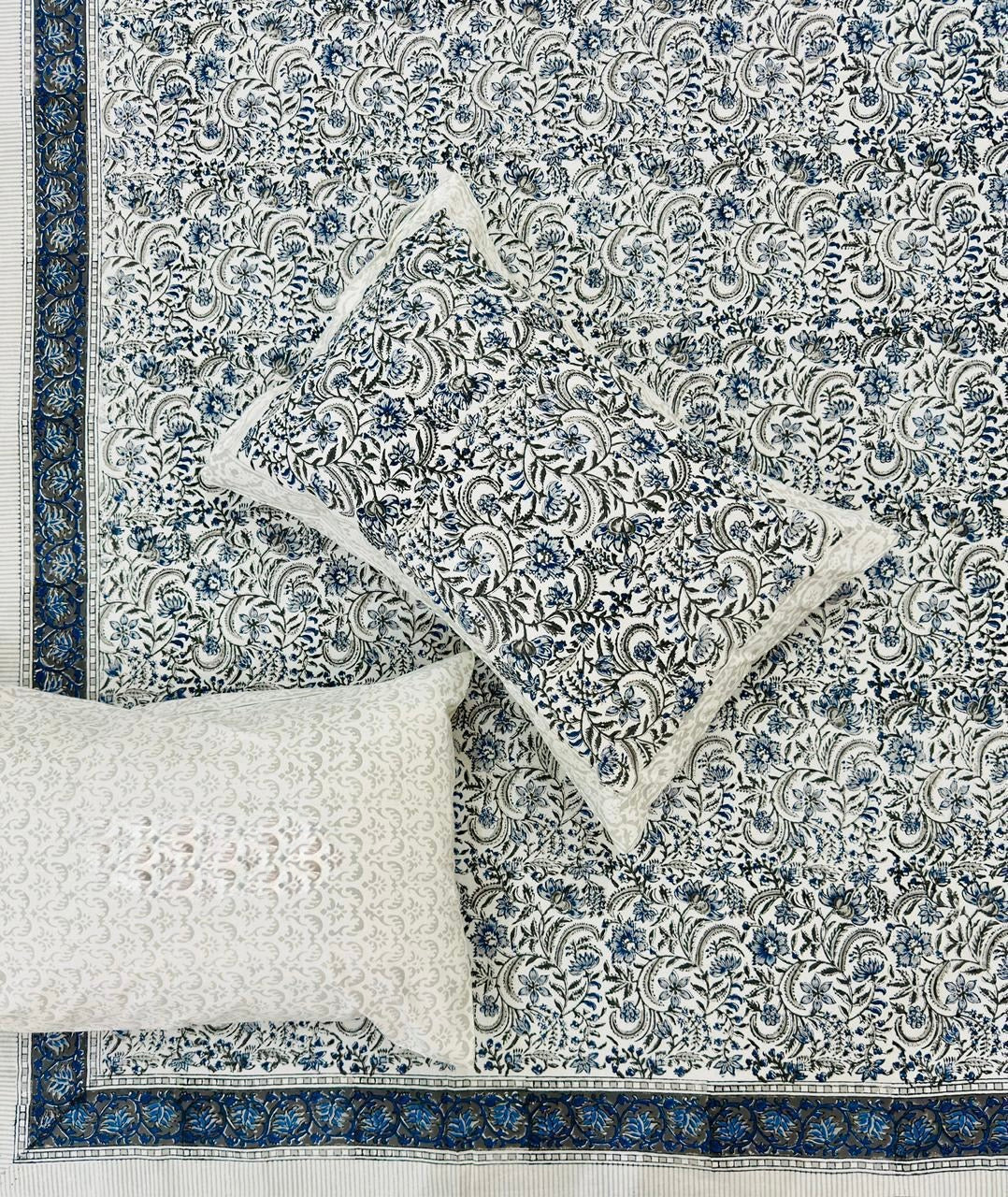 Pure cotton handblock printed king size bedsheet with 2 pillow covers (100x108 inches)