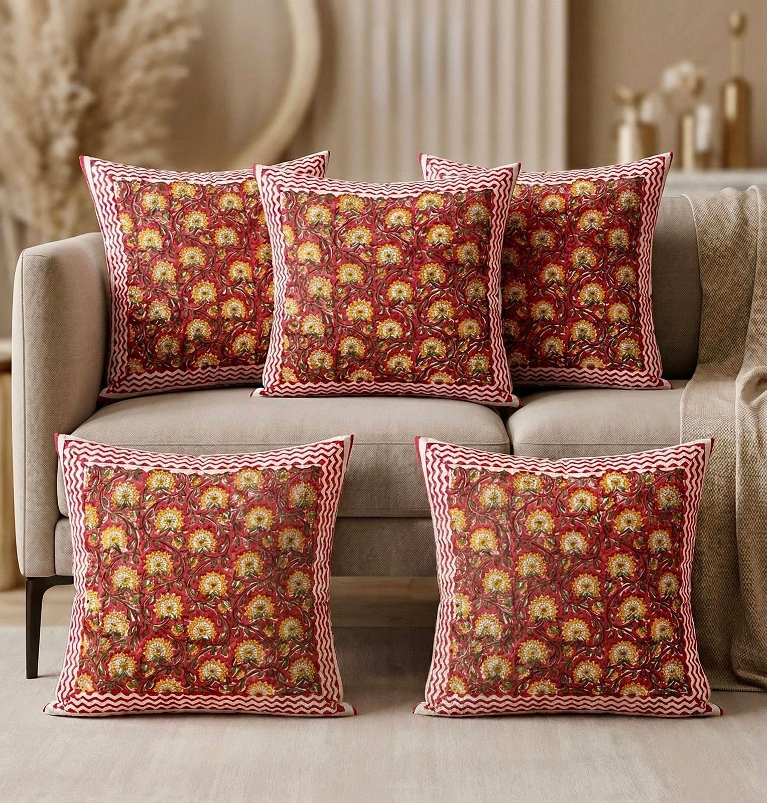 Pure cotton hand-block printed set of 5 cushion covers (16x16 inches)