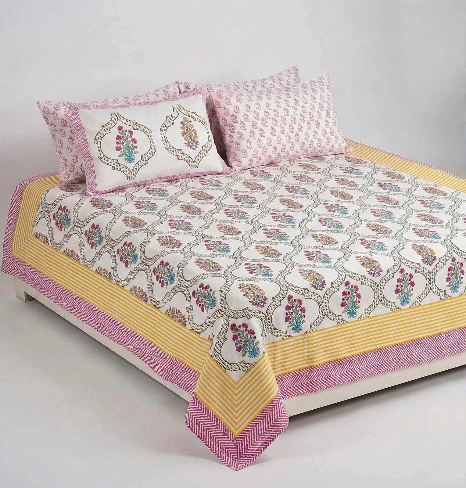 Pure cotton hand-block printed super king size double bedsheets with 2 pillow covers (108x108 inches)