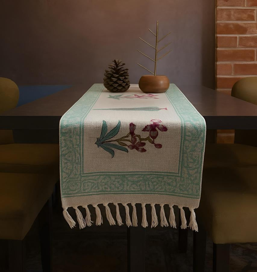 Hand block printed pure TNT cotton (jute textured) table runners with tassels for 4and 6 seater dining table