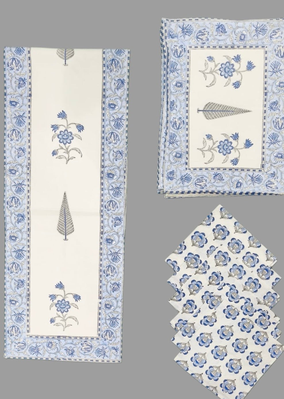 Pure cotton hand block printed placemats, runner and napkin combo for 6 seater dining table
