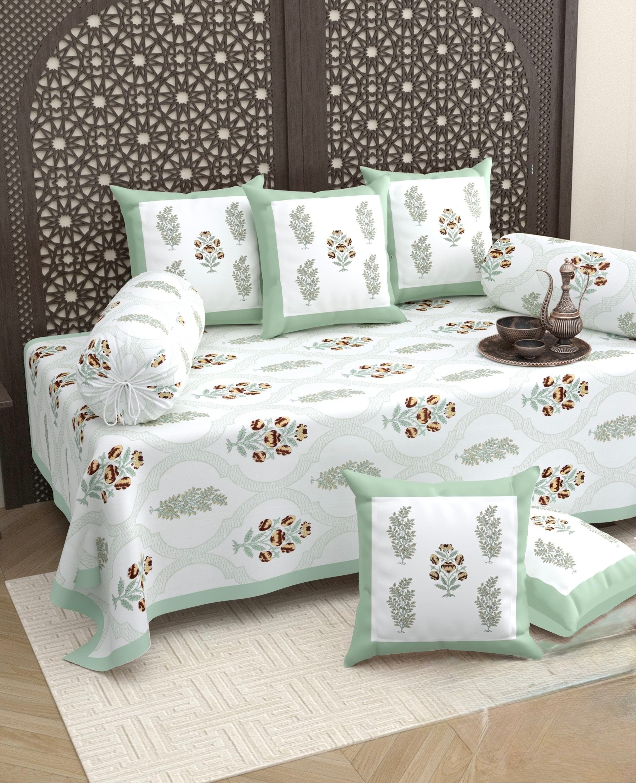 Pure cotton hand block printed 8 piece traditional diwan set (70x100 inches)