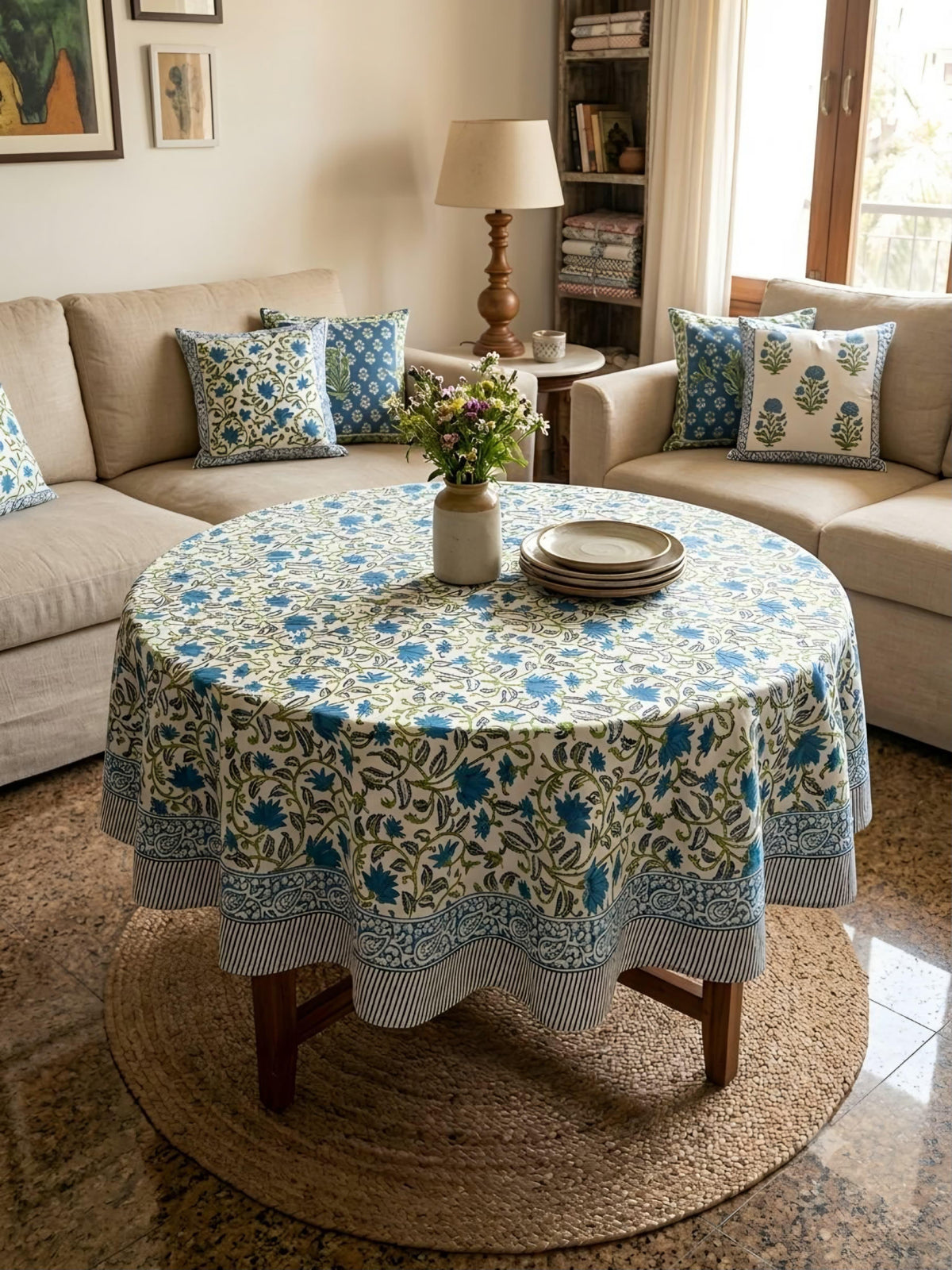 Pure cotton hand-block printed table cover for 4 seater dining table / centre table (60 inches diameter)