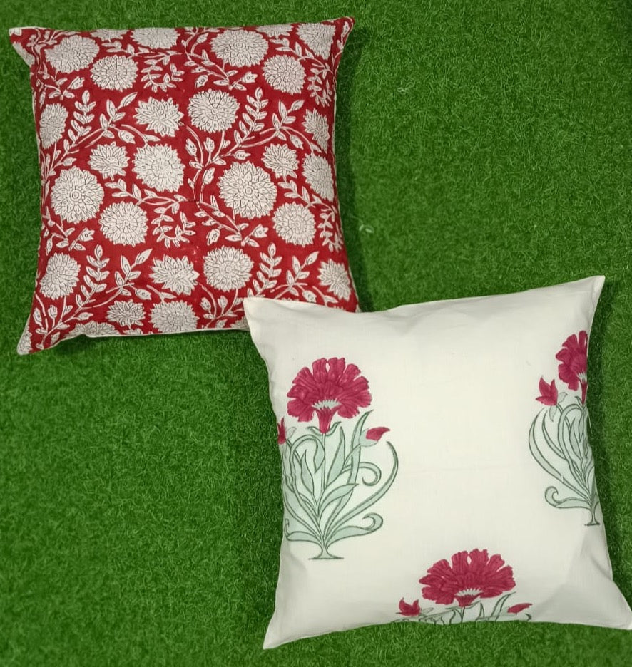 Pure cotton handblock printed set of 2 assorted cushion covers (16x16 inches)