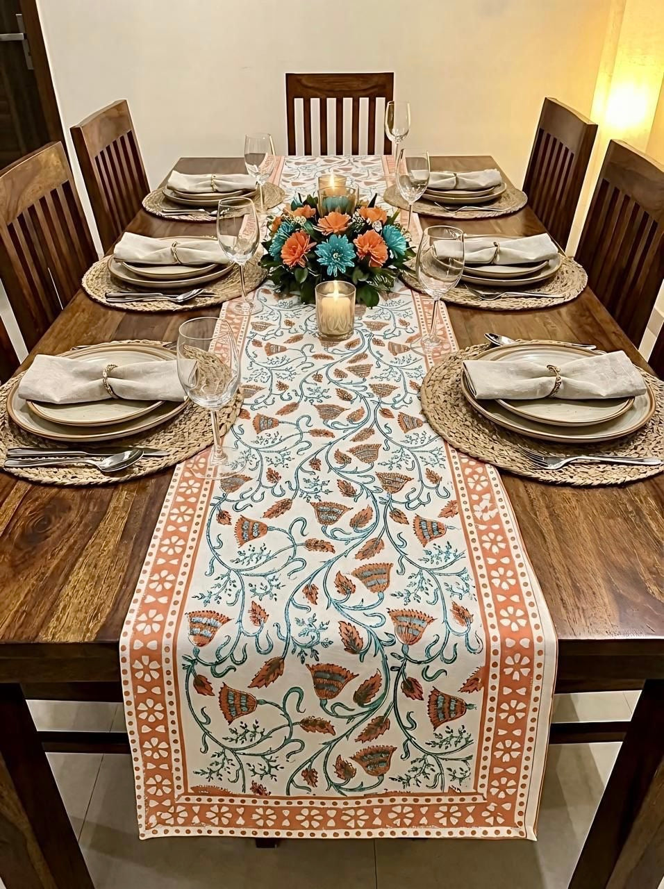Pure canvas cotton handblock printed runners for 4 and 6 seater dining tables