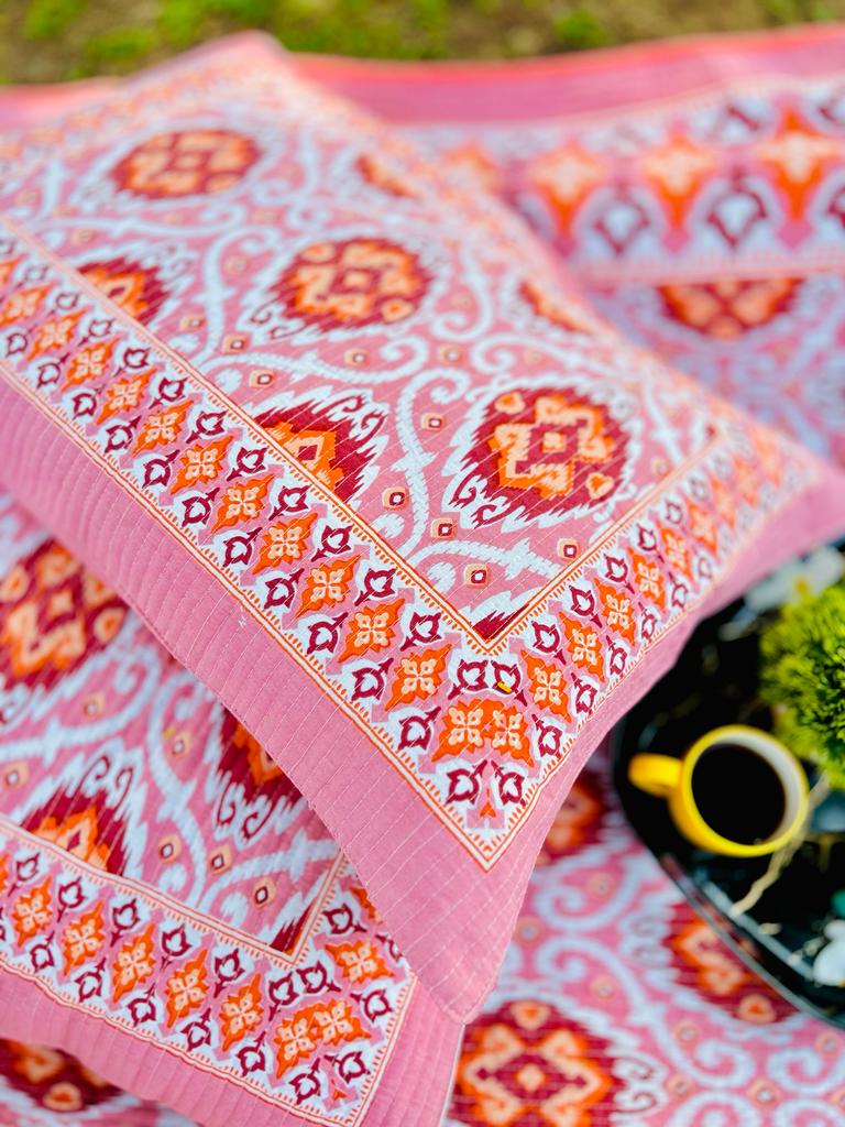 Pure cotton Ikkat quilted and reversible bedcover with two quilted pillow covers (90x108 inches) offer