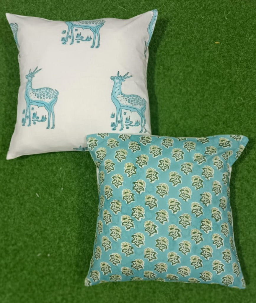 Pure cotton handblock printed set of 2 assorted cushion covers (16x16 inches)