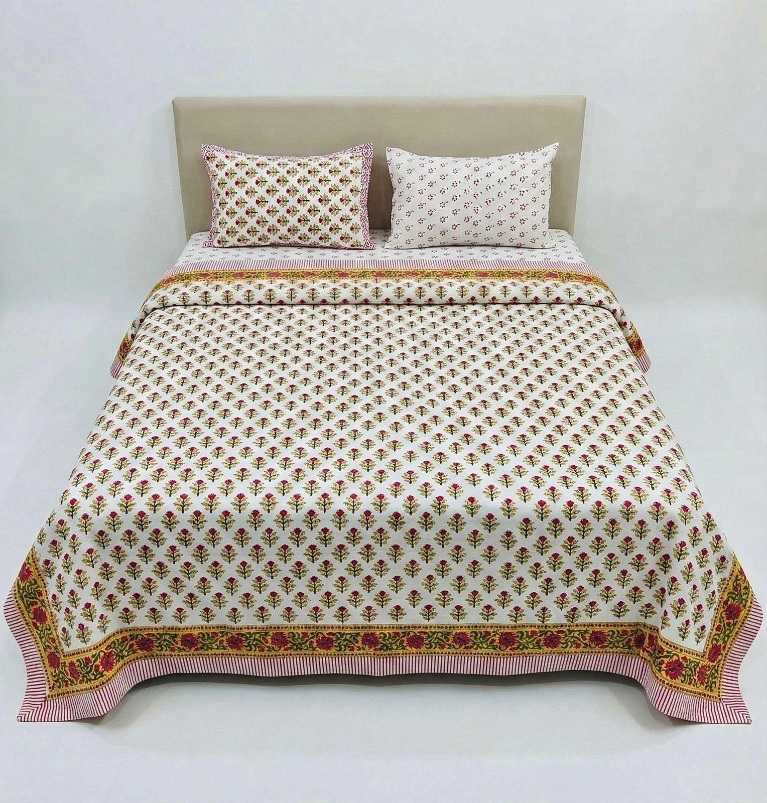 Pure cotton hand-block printed super king size double bedsheets with 2 pillow covers (108x108 inches)