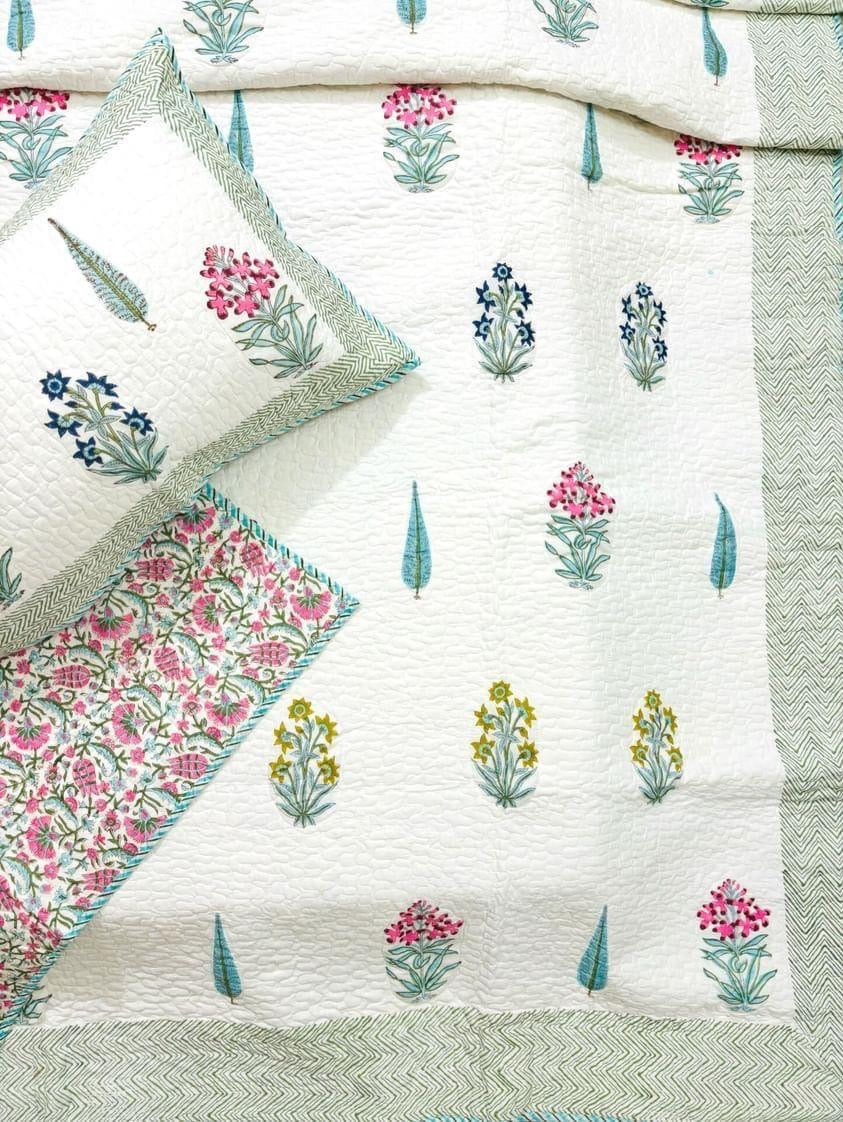 Pure mulmul cotton paani jaal quilted bedcovers with 2 quilted pillow covers for king size beds (90x108 inches)
