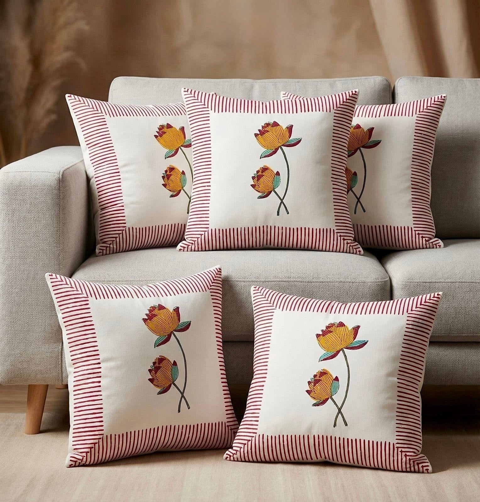 Pure cotton hand-block printed set of 5 cushion covers (16x16 inches)