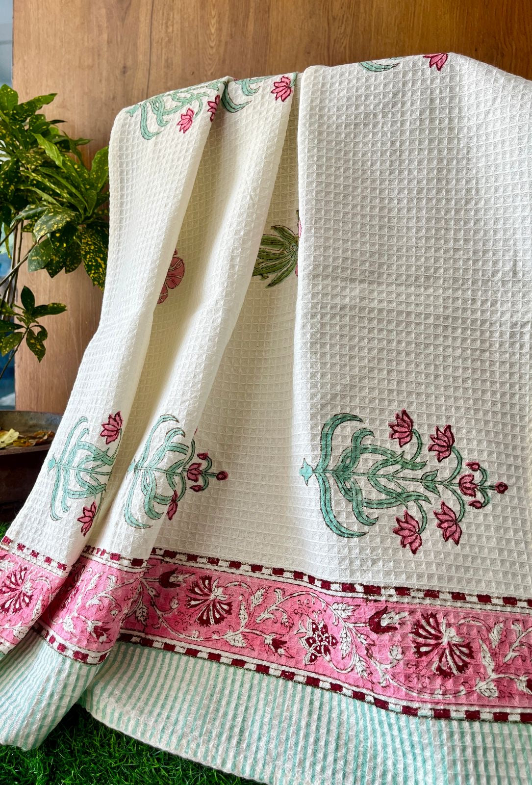 Pure cotton, hand-block printed waffle textured luxury bath towel