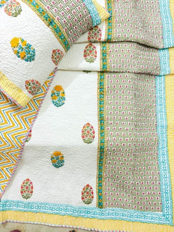 Pure mulmul cotton paani jaal quilted bedcovers with 2 quilted pillow covers for king size beds (90x108 inches)