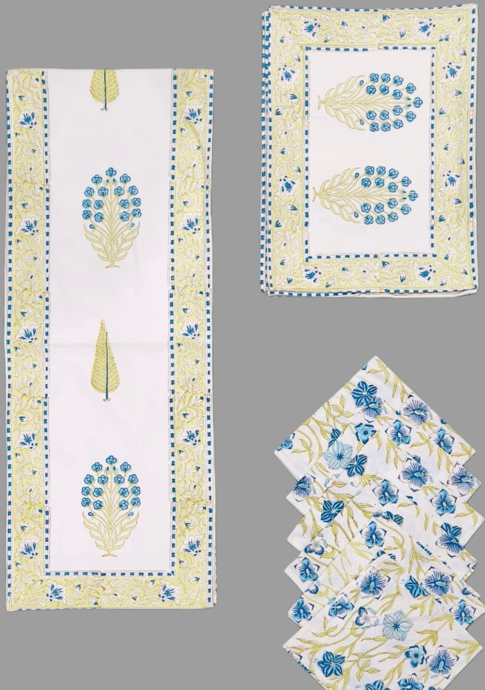 Pure cotton hand block printed placemats, runner and napkin combo for 6 seater dining table
