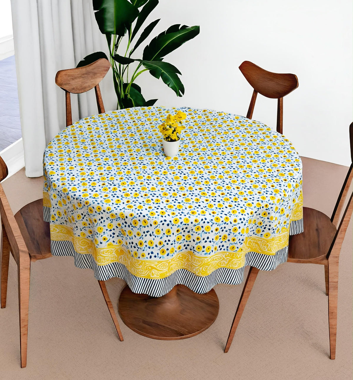 Pure cotton hand-block printed table cover for 4 seater dining table / centre table (60 inches diameter)