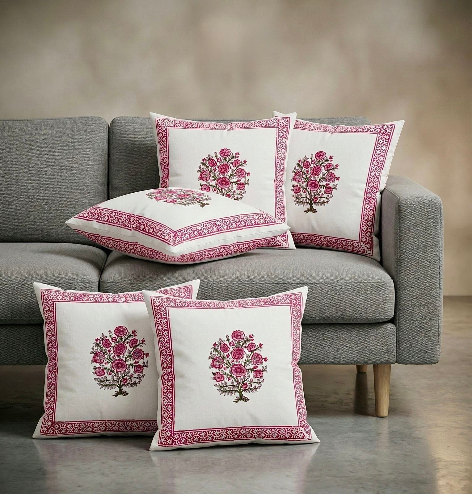 Pure cotton hand-block printed set of 5 cushion covers (16x16 inches)