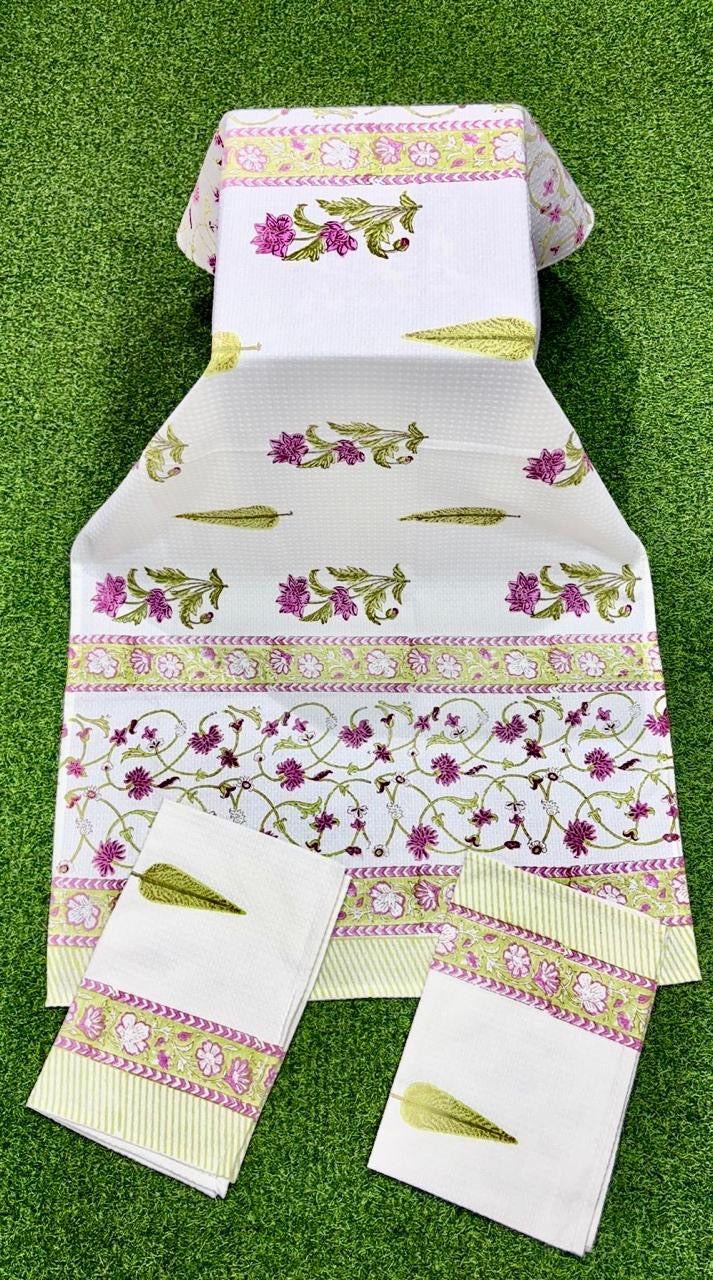 Pure cotton waffled textured hand-block printed bath combos (1 bath and 2 hand towels)