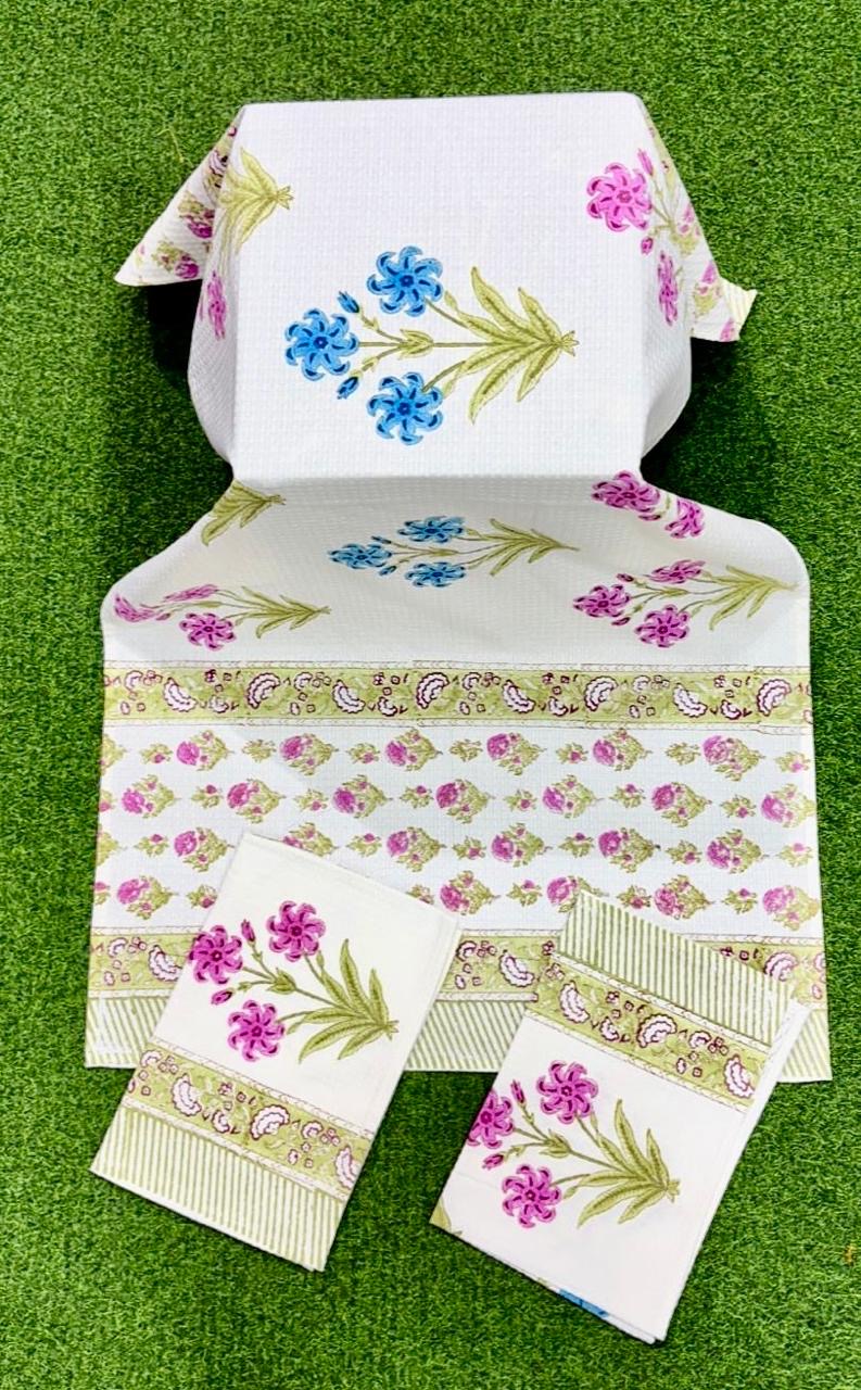 Pure cotton waffled textured hand-block printed bath combos (1 bath and 2 hand towels)