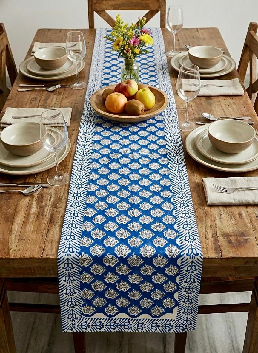 Pure canvas cotton handblock printed runners for 4 and 6 seater dining tables