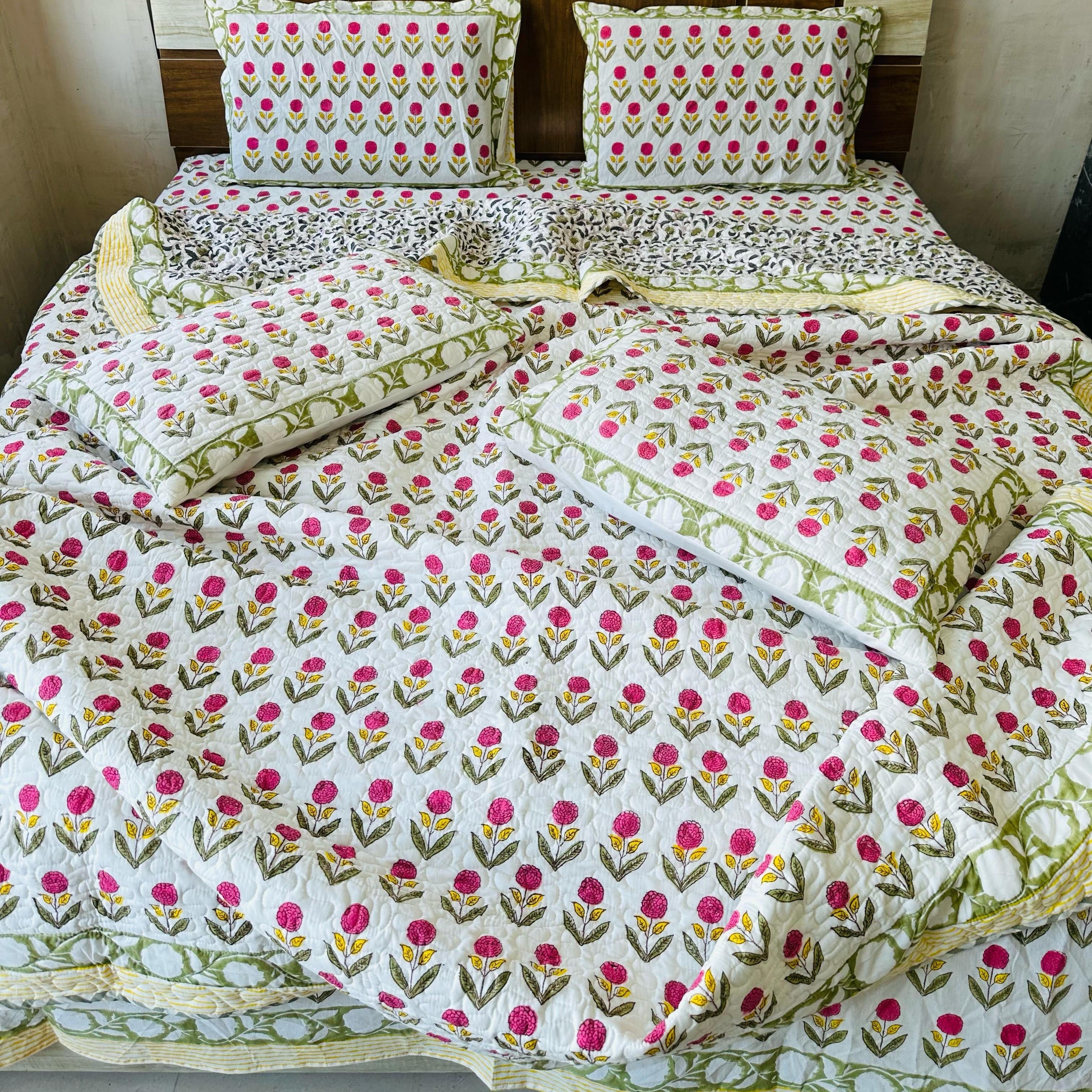 Pure cotton handblock printed king size 6 piece bedding set