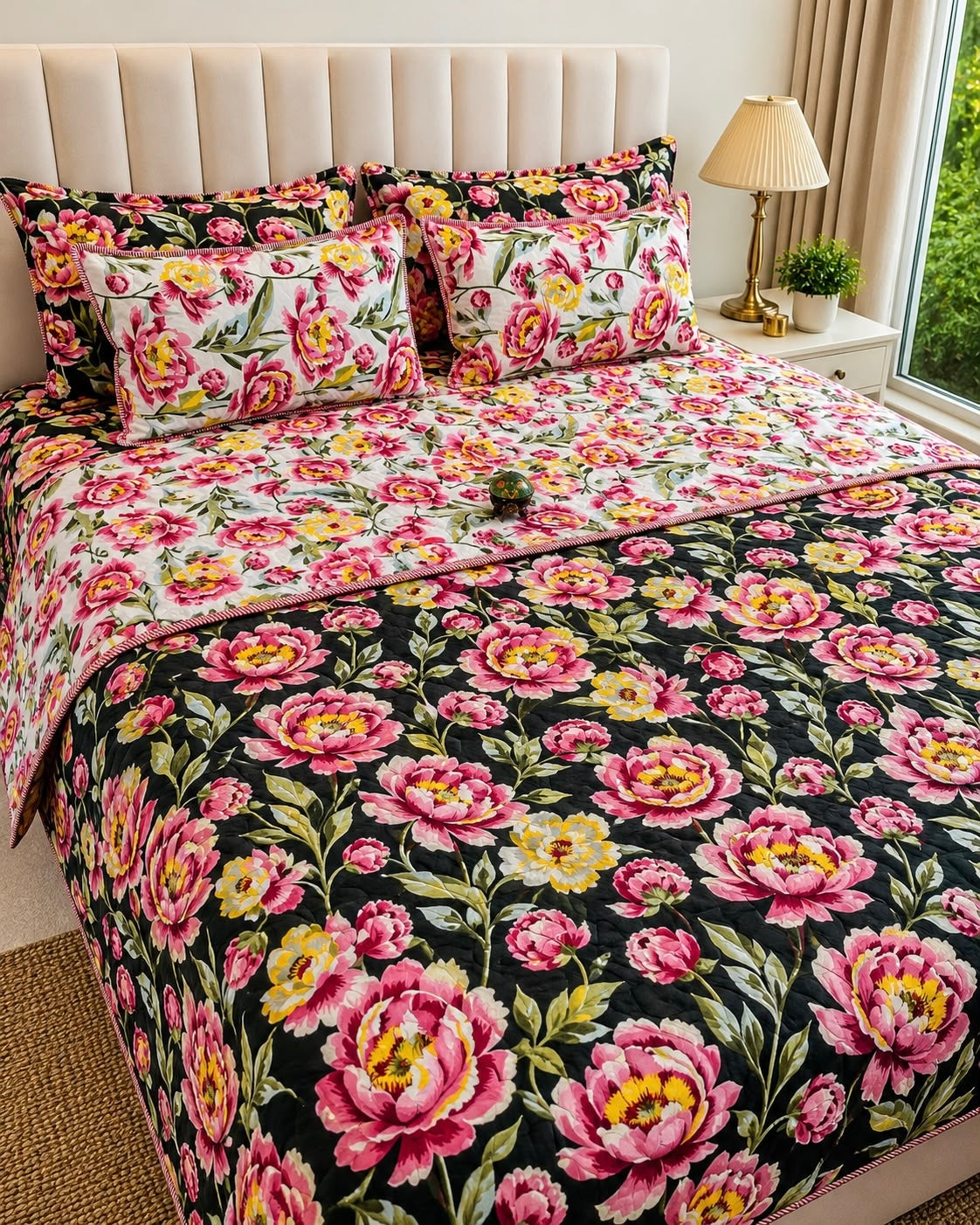 Pure cotton paani jaal quilted printed double bedcovers (90x108 inches)