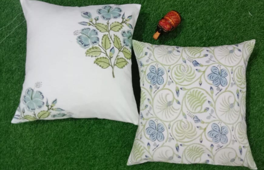 Pure cotton handblock printed set of 2 assorted cushion covers (16x16 inches)