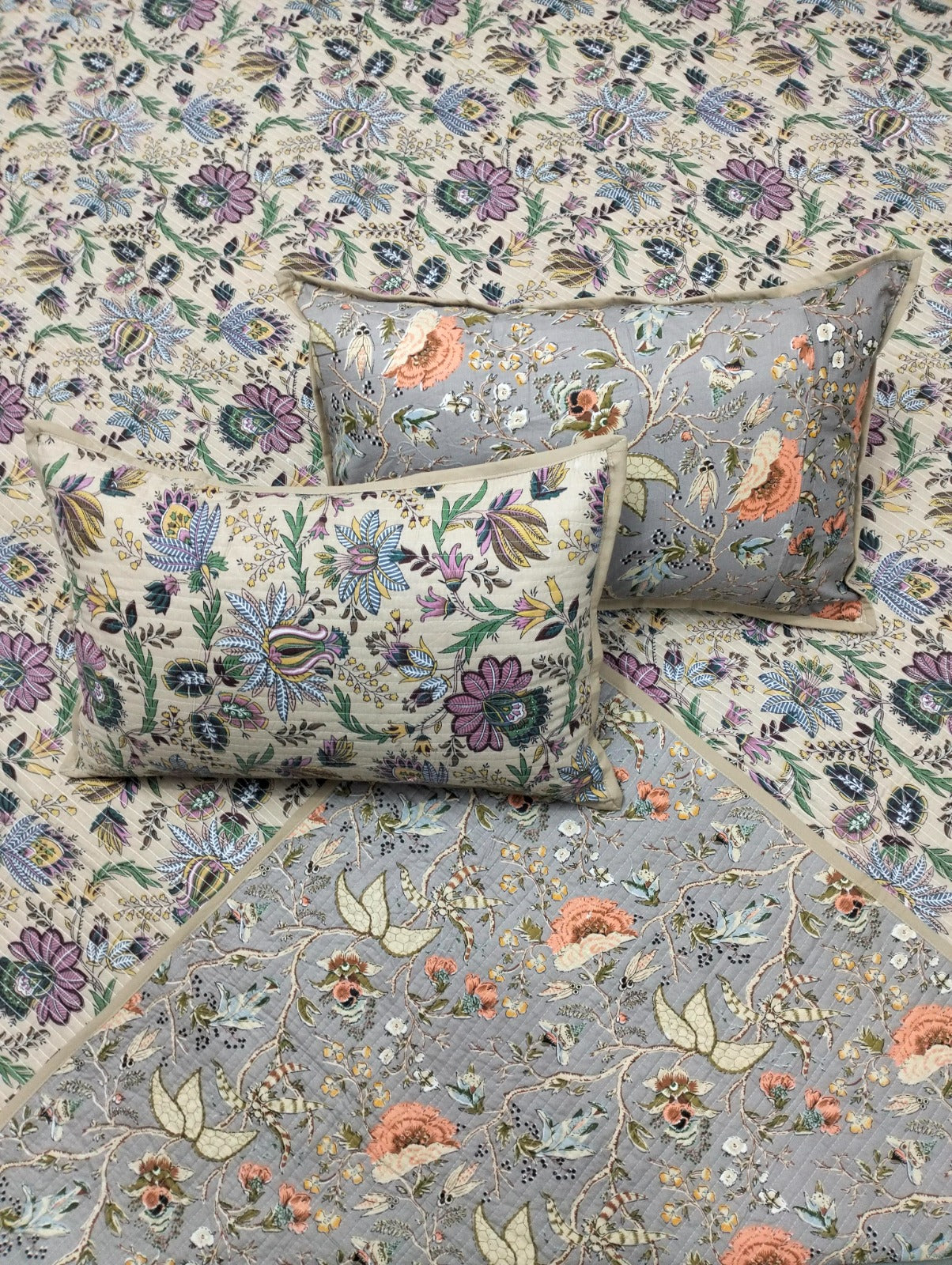 Pure cotton quilted and reversible bedcover/bedsheet with two quilted pillow covers (90x108 inches)