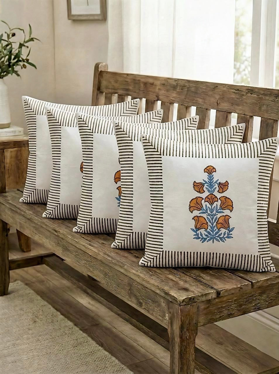 Pure cotton hand-block printed set of 5 cushion covers (16x16 inches)