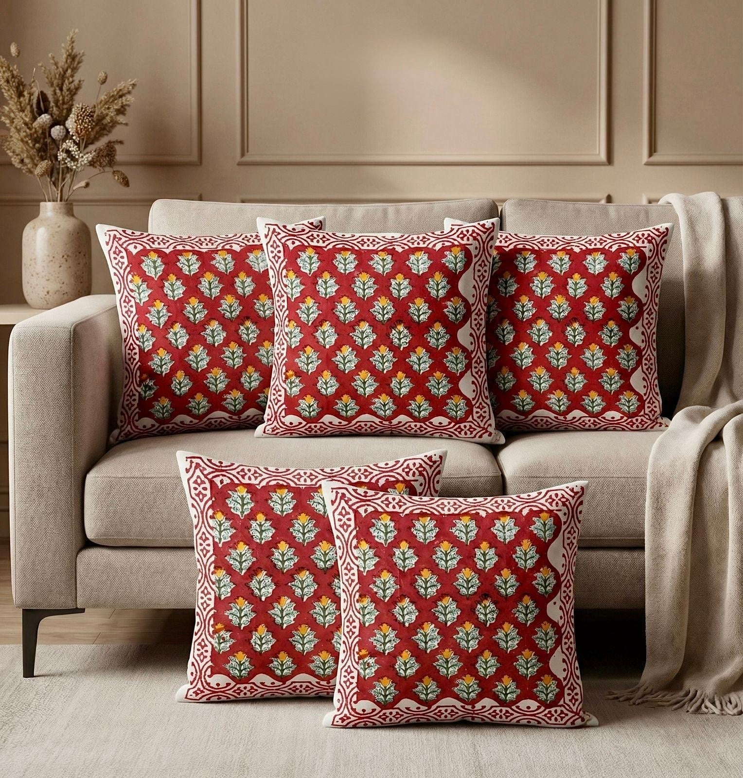 Pure cotton hand-block printed set of 5 cushion covers (16x16 inches)