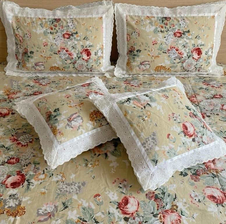 Pure cotton 5 piece bedding sets with 2 laced pillow covers and 2 laced cushion cover (108x108 inches)