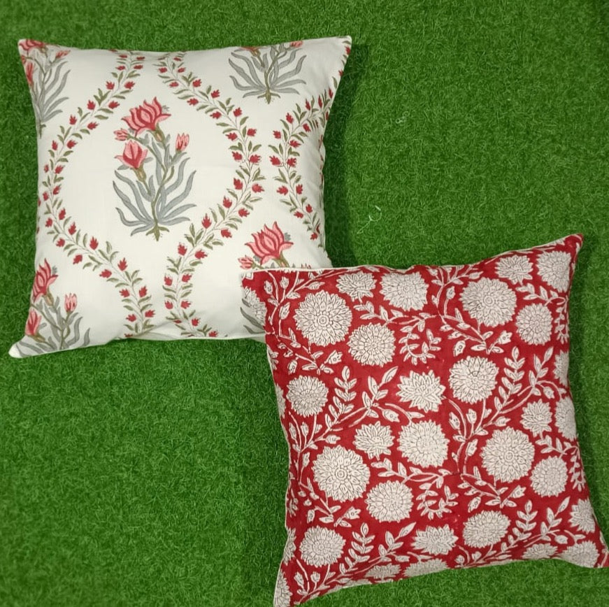 Pure cotton handblock printed set of 2 assorted cushion covers (16x16 inches)