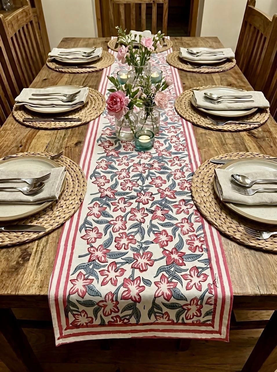 Pure canvas cotton handblock printed runners for 4 and 6 seater dining tables