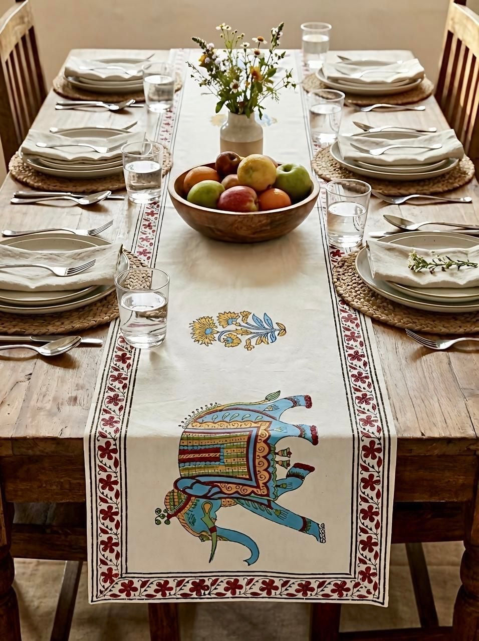 Pure canvas cotton handblock printed runners for 4 and 6 seater dining tables