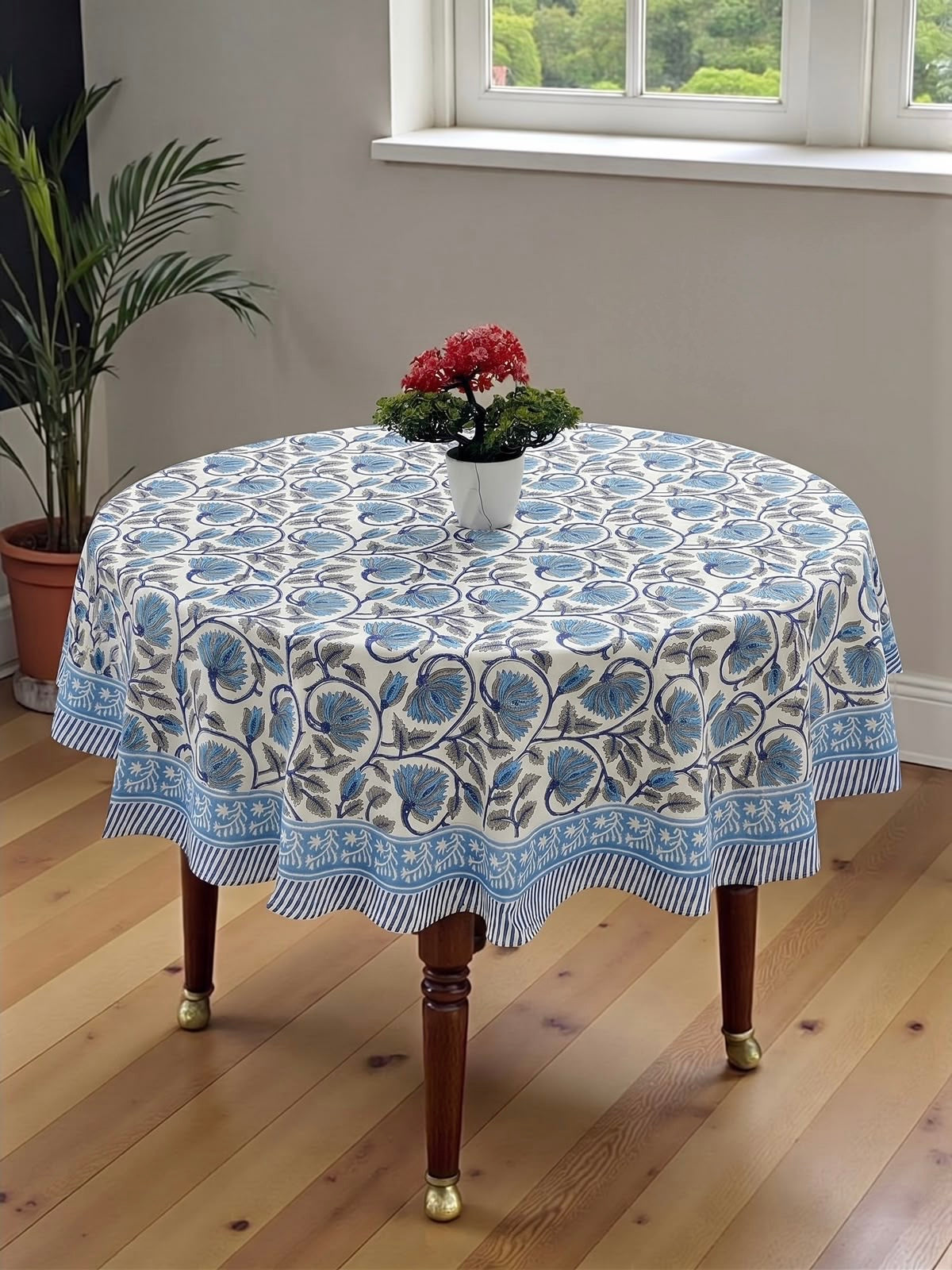 Pure cotton hand-block printed table cover for 4 seater dining table / centre table (60 inches diameter)